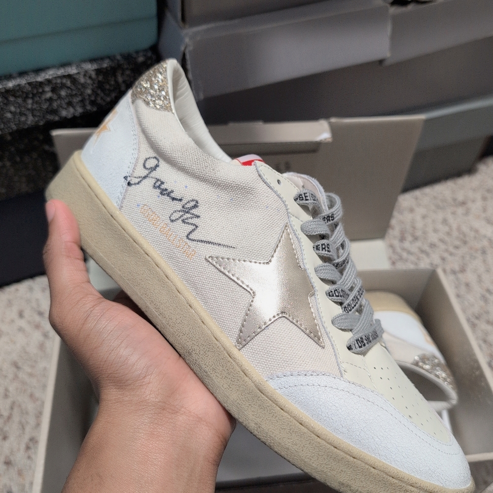 Golden Goose White and Silver Sneakers